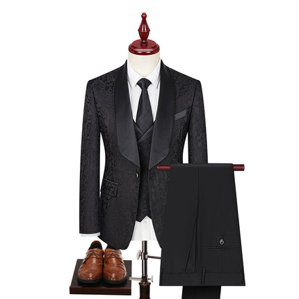 Foreign Trade Men's Jacquard Green Fruit Collar Suit Three-Piece Men's Korean Style Slim Fit Groomsmen Wedding Dress Suit