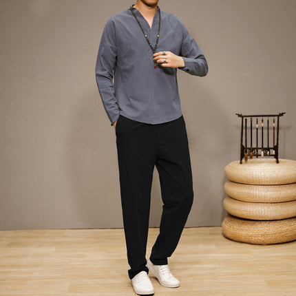 Cotton and Linen Suit Men's Autum New Tang Suit Long-Sleeved Pants Chinese Style Retro Zen Suit Chinese Casual Han Dynasty Suit
