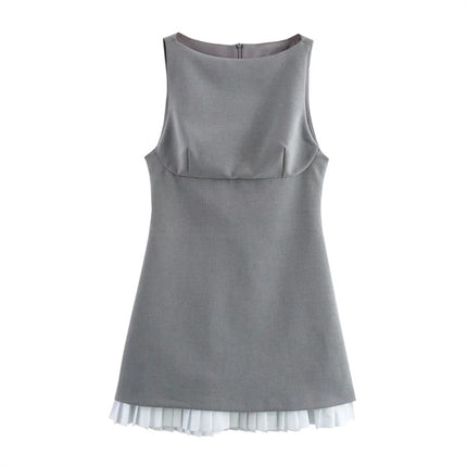 2025 Summer New Sleeveless Short Dress Pleated Hem Boat Neck Stitching Slim Pullover Mini Skirt Women Wholesale