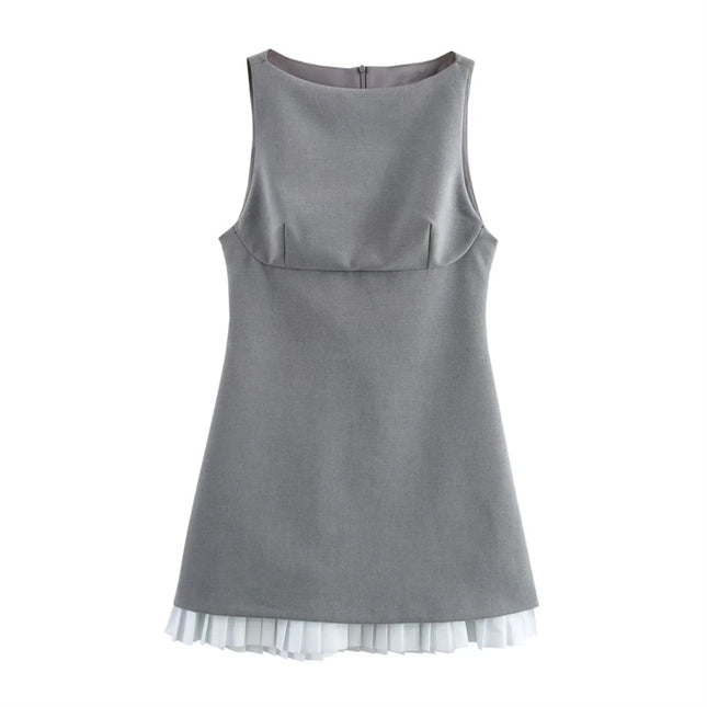 2025 Summer New Sleeveless Short Dress Pleated Hem Boat Neck Stitching Slim Pullover Mini Skirt Women Wholesale