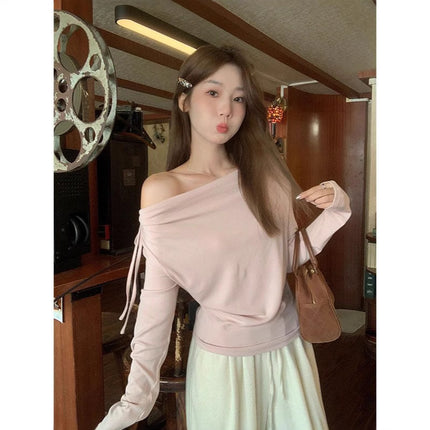 Curly Edge Swing Collar Lazy Style Knitwear 2025 Summer New Korean Style Slim Long-Sleeved Inner Layering Shirt Top for Women