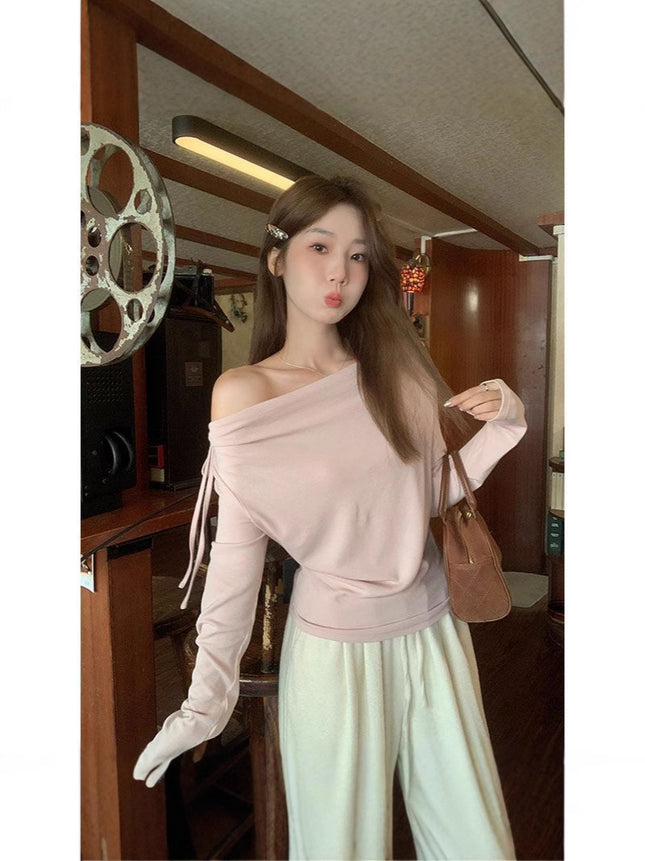Curly Edge Swing Collar Lazy Style Knitwear 2025 Summer New Korean Style Slim Long-Sleeved Inner Layering Shirt Top for Women