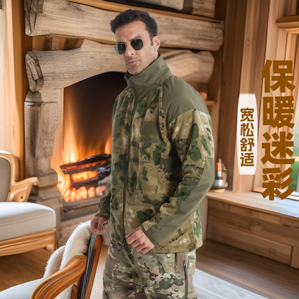 Autumn and Winter Camouflage Outdoor Men's Stand-Collar Fleece Jacket with Magic Chest Patch, Tactical Outdoor Sports Thickened Warm Clothing