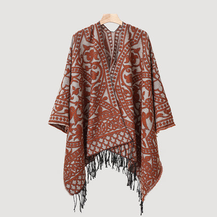 New Cross-Border Retro Cloud Totem Jacquard Ethnic Style Shawl Cloak Sichuan-Xizang Xinjiang Travel Photo Slit Scarf