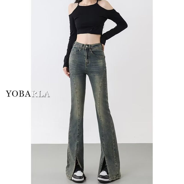 Pear-Shaped Figure Retro Distressed Flared Slit Jeans for Women, Spring and Autumn, Plus Size, High-Waisted, Slimming, Flared Pants