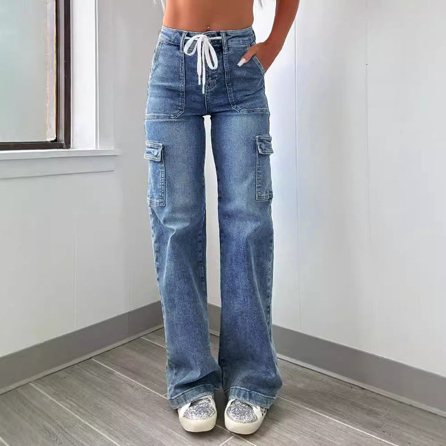 Factory Direct Sales 2025 New European and American Cross-Border Straight Jeans Women's Light-Colored Washed Lace-Up Cargo Pants in Stock