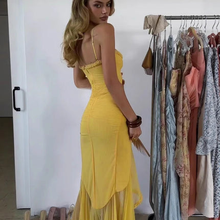 Foreign Trade Niche Yellow Elastic Mesh Asymmetrical Suspender Dress Sexy Figure-Flattering Pleated Dress Spring and Summer