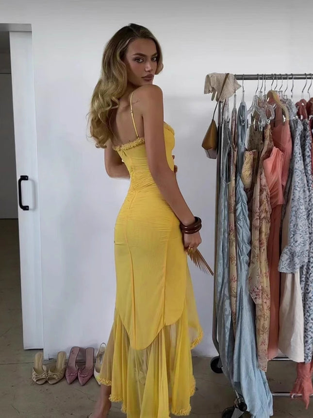 Foreign Trade Niche Yellow Elastic Mesh Asymmetrical Suspender Dress Sexy Figure-Flattering Pleated Dress Spring and Summer