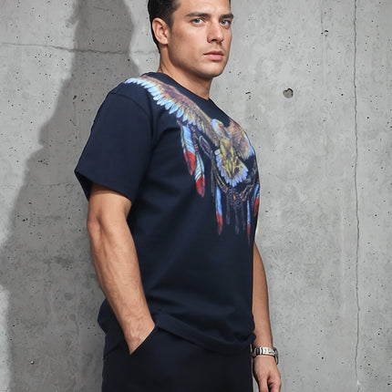 Eagle Feather Indian Element Heavy Trendy Brand Digital Printing Hot Drilling Wide Short-sleeved T-shirt Fat Plus Size