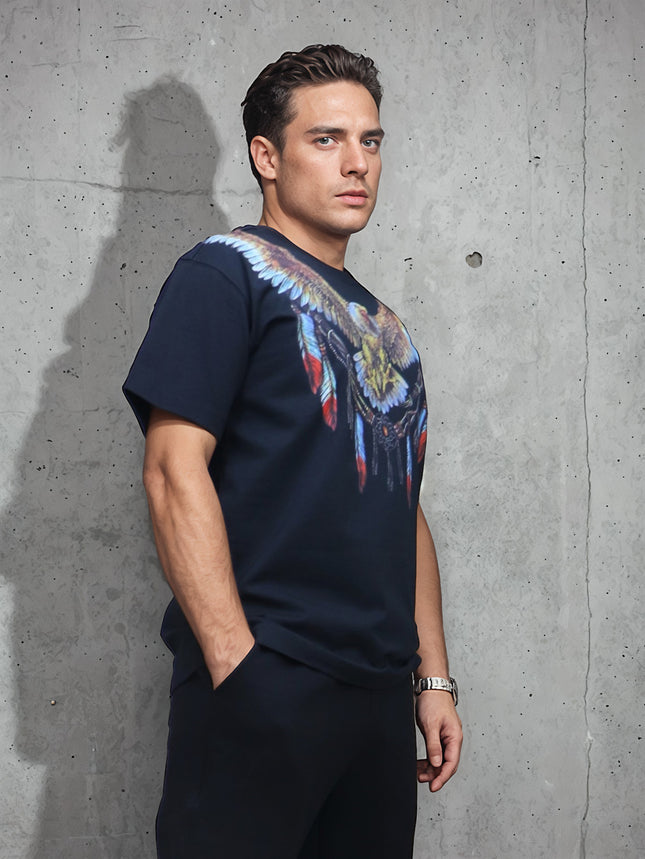Eagle Feather Indian Element Heavy Trendy Brand Digital Printing Hot Drilling Wide Short-sleeved T-shirt Fat Plus Size