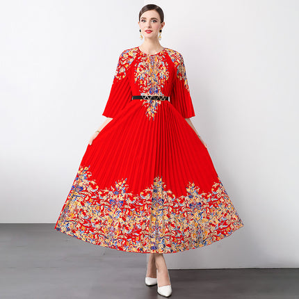 Cross-border 2024 new socialite pleated waist printed fashion large skirt organ pleated dress