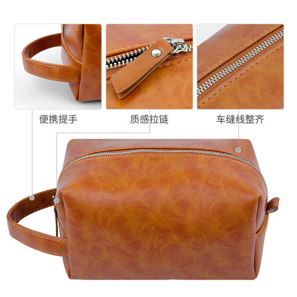 Cross-Border Travel Large-Capacity Pu Leather Makeup and Toiletry Storage Bag Retro Crazy Horse Leather Waterproof Handbag Niche High-End