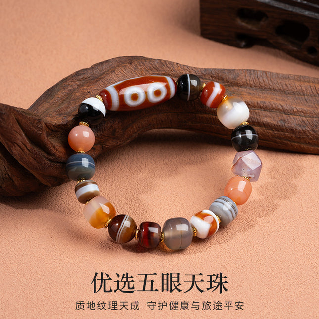 Natural Five-Eyed Dzi Multi-Treasure Agate Bracelet, Fashionable and Versatile, Single-Circle Bracelet for Men and Women, Ready for Sale
