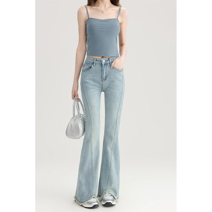 High Waist Micro-flared Jeans Women's 2025 Spring New Arrival Short-length Rag-edge Design Stretch Slim-fit Horseshoe Pants