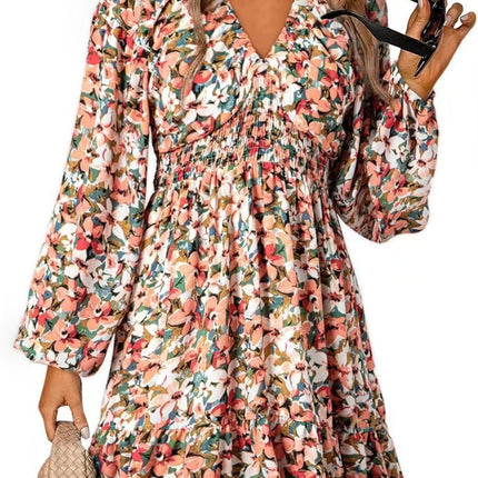 2025 Bohemian Floral V-Neck Long Sleeve Pleated Waist Casual A- Line Skirt with Swing Mini dress