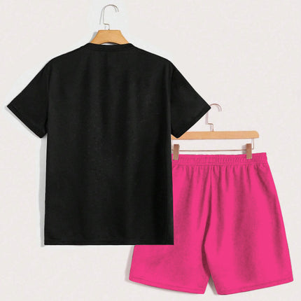 Men's Summer Casual Fashion Short Sleeve T-Shirt and Shorts Set with Letter and Art Figure Print