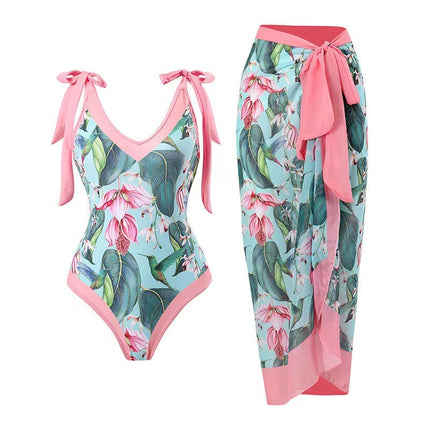2026 One-Piece Swimsuit Chiffon Long Skirt Set Printed Tie-Up Swimsuit Two-Piece Set Sexy Printed Bikini for Women