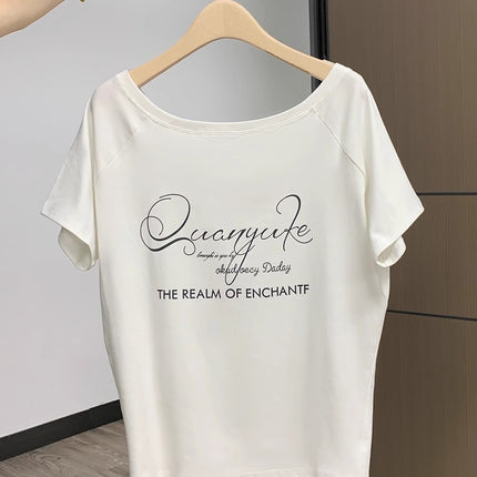 Summer Women's Tops Short-Sleeved Women's T-Shirt Clothes One-Shoulder High-End Cute Printed Short-Sleeved T-Shirt Custom Group Uniform