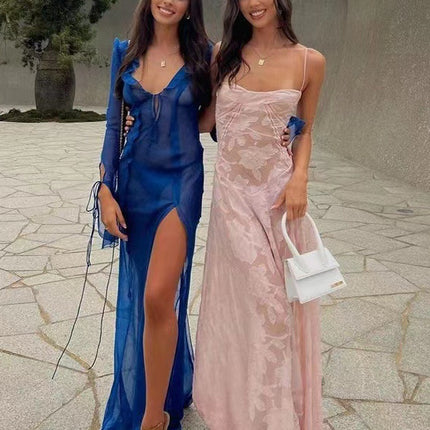 European and American Style 2023 Summer New Fashion Sexy Perspective Seaside Vacation Slim-fit Slip Dress Floral dress