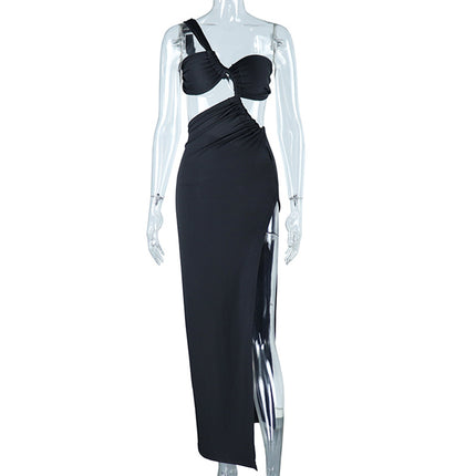 European and American style crossbody dress solid color pullover sexy backless evening dress long socialite style split skirt foreign trade