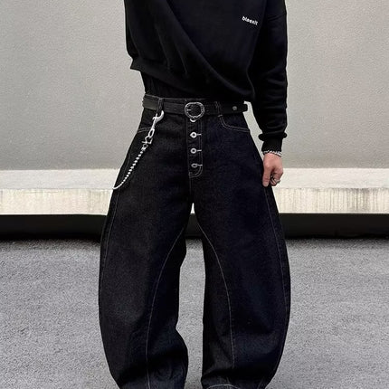 American Retro Wide-Leg Jeans for Women Versatile Topstitch Irregular Split Multi-Pocket Scimitar Silhouette Floor-Length Pants Unisex