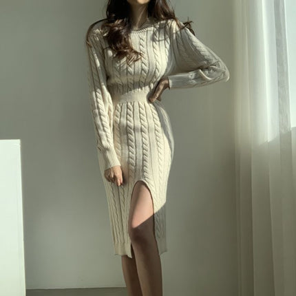Front and Back Wearing Split Chic Distinctive All-Match Round Neck Hemp Pattern Design Cared Machine Sweater dress Women