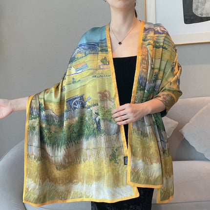 Van Gogh Monet oil painting double-sided double-layer silk scarf women's long 180x70 new silk satin popular fashion scarf shawl New