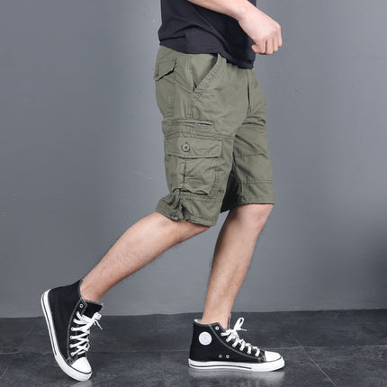 Summer Men's Multi-Pocket Workwear Shorts Small Zipper Shorts Loose Casual Pants Mid-Pants Large Pants with Loose Waist