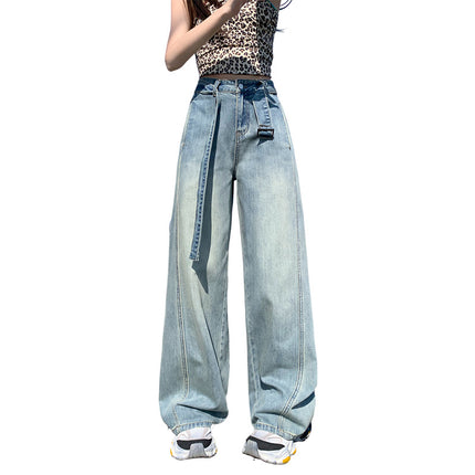 Vintage Belt Wide Leg Jeans Women's 2025 Summer New Style Straight Loose High Waist Dosing Slim-fit Mop Pants