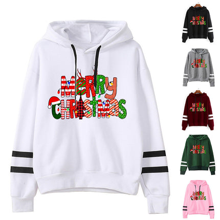 Christmas Merry Christmas printed parallel bars striped hooded hoodie European size plus size men's and women's cross-border