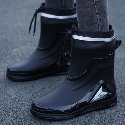 Men's Rain Boots with Cuffs, New Waterproof Shoes, Outdoor Drawstring Boots, Kitchen Non-Slip Work Rubber Shoes, Fleece-Lined Warm Rain Boots