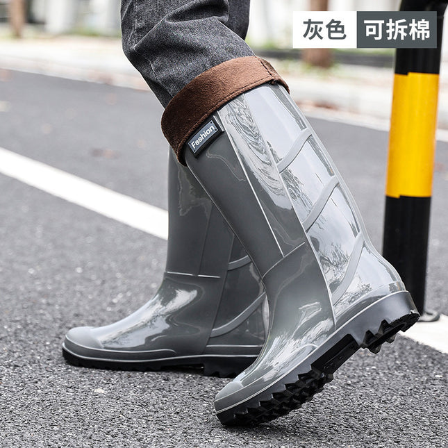 Fashionable Rain Boots for Men, High-Top, Non-Slip, Wear-Resistant Rubber Shoes, Suitable for Outdoor Wear, with Added Fleece for Warmth, Waterproof, Comfortable, Mid-Heel, Lightweight