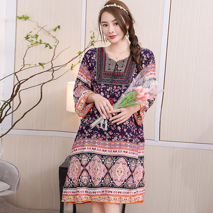 Extra Large Size Ethnic Style Round Neck Three-Quarter Sleeve Dress Loose Embroidered Flower Cotton Silk Travel Beach Skirt for Women