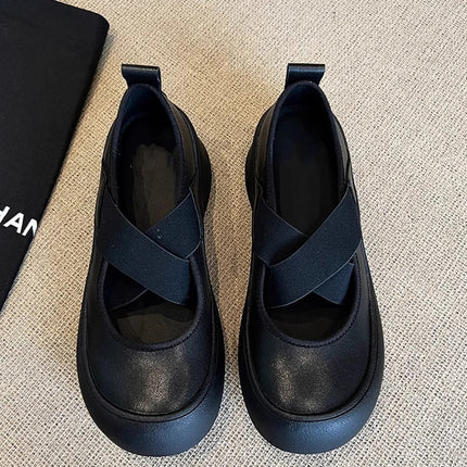 2026 Summer New Style Black Flat Leather Shoes Thick-Soled Retro Style Round-Toe Cross-Strap Mary Jane Shoes for Women