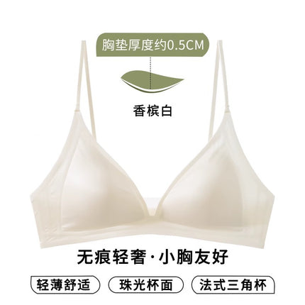 Japanese-Style Milk Satin Seamless Small Chest Bra for Women, French Deep V-Neck Thin Strap Wireless Bra for Summer