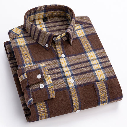 New Spring and Summer Pure Cotton Men's Shirts, Brushed Plaid Long-Sleeved Casual Shirts, Slim Fit, Fashionable and Versatile Tops Wholesale