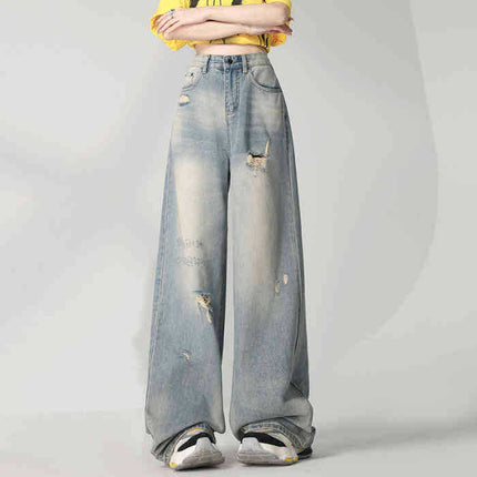 American Niche Retro Distressed Washed Ripped Jeans for Women, Loose High-Waisted Slimming Wide-Leg Floor-Length Pants