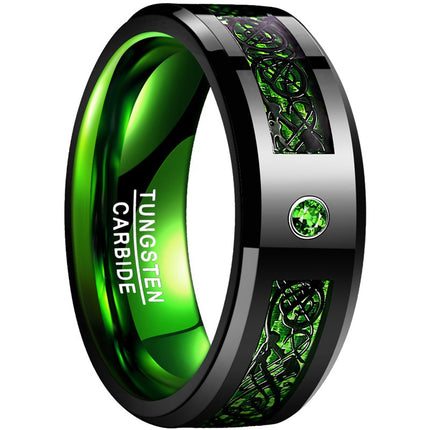 Tungsten Steel Ring Set with Black Dragon Pattern Blue Red and Green Carbon Fiber Men's Tungsten Steel Ring Ready for Dropshipping