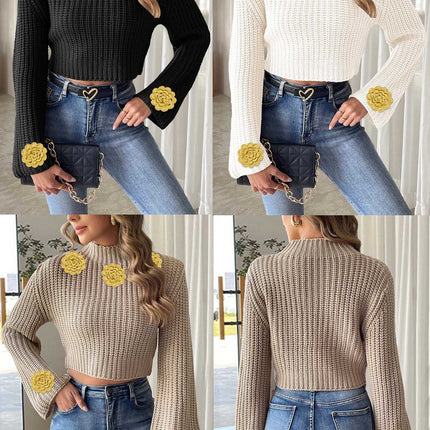 Cross-Border European and American Women's Clothing Hand-Crocheted Splicing Bell-Sleeved Half-Turtleneck Pullover Sweater Women's Short Crop Top Women