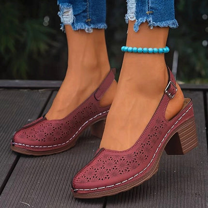 2025 Summer New Style Baotou Fashionable and Comfortable Foreign Trade Large Size Thick Heel Buckle Laser High Heel Sandals for Women Wholesale