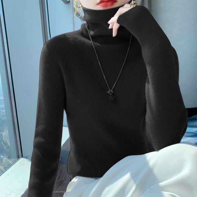 New Autumn and Winter Women's Base Sweater All-match Knit Sweater First-line Garment Piled Collar Solid Color Sweater Inner Riding
