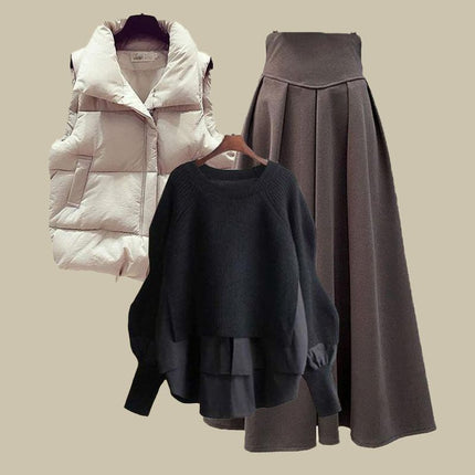 Autumn and Winter Outfits for Women 2025 New Large Size Loose Fake Two-Piece Sweater Versatile Vest Slimming Look Skirt Three-Piece Set