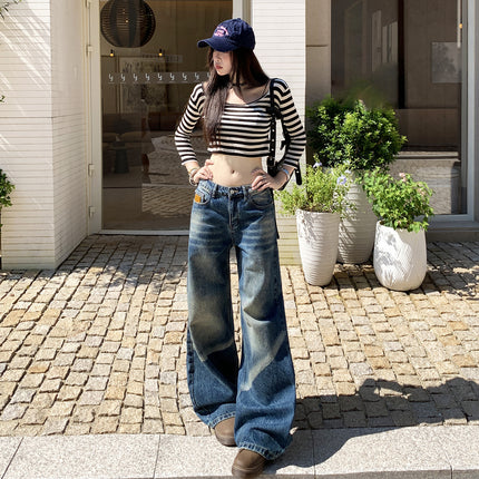 Raccoon House # American Retro Distressed Heavy Wash Denim Jeans for Women 2025 Autumn Loose Straight Wide-Leg Floor-Length Pants
