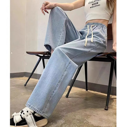 Light-colored high-waist elastic waist straight jeans women's trendy all-match loose slimming slim-fit high street wide-leg long pants