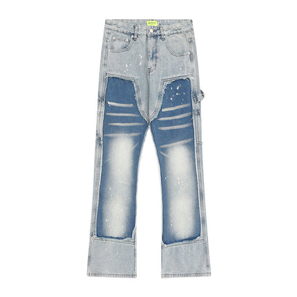 Contrast Color Stitching Cat Must Wash Water Denim Straight Pants Men's Trendy Brand Punk Splash Ink Spray Loose Casual Pants