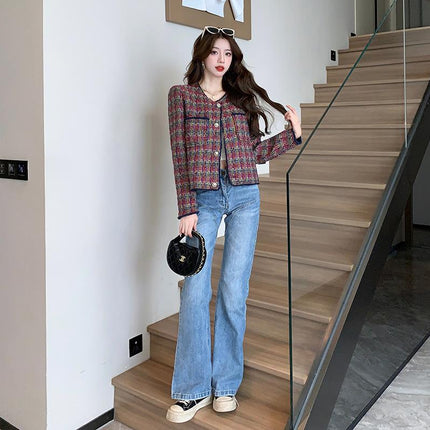 2026 Real Shot Wine Red Contrast Plaid Woven Short Jacket in Chanel Style Elegant Lady's Top