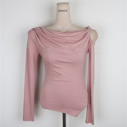 South Korea Dongdaemun Spring and Summer New Temperament Irregular Design Hollow Shoulder Slim Figure Long Sleeve T-shirt