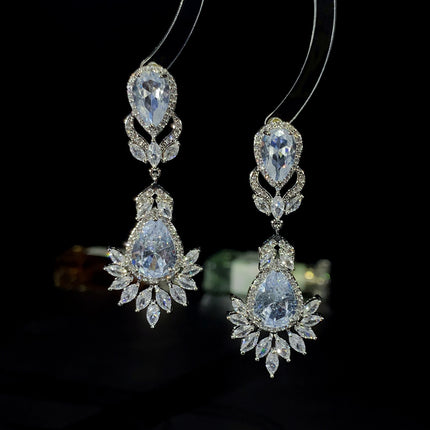 European and American Style Ins Retro Water Drop Zircon Earrings High-End Tassel Ear Clip Long Luxury Earrings Cross-Border Hot Style