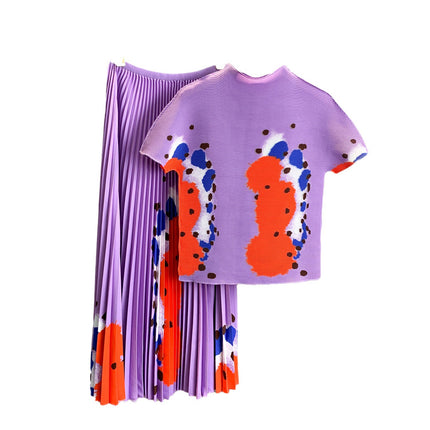 High-End Age-Reducing Skirt Suit for Women, Pleated Series, Quality Printed Top, Pleated Skirt, Long Two-Piece Set