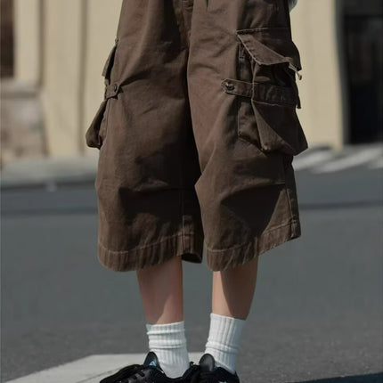American Retro Multi-Pocket Cargo Cropped Pants Summer New Trendy Men's Loose Straight Cleanfit Over-The-Knee Shorts